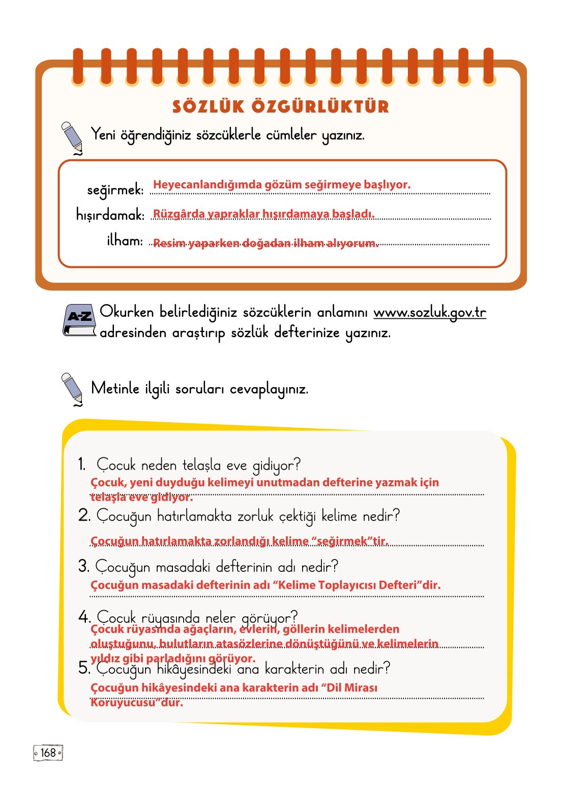 2. Sınıf Meb Yayınları Türkçe Ders Kitabı Sayfa 168 Cevapları