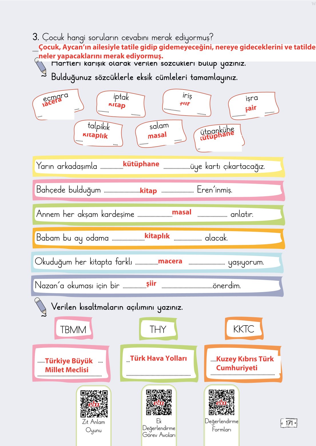 2. Sınıf Meb Yayınları Türkçe Ders Kitabı Sayfa 171 Cevapları
