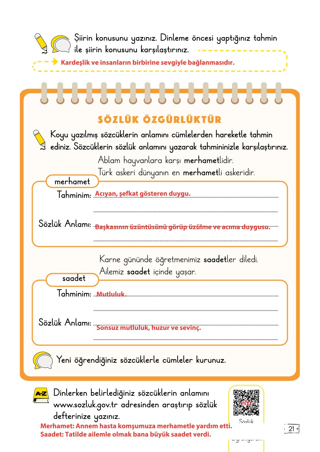 2. Sınıf Meb Yayınları Türkçe Ders Kitabı Sayfa 21 Cevapları