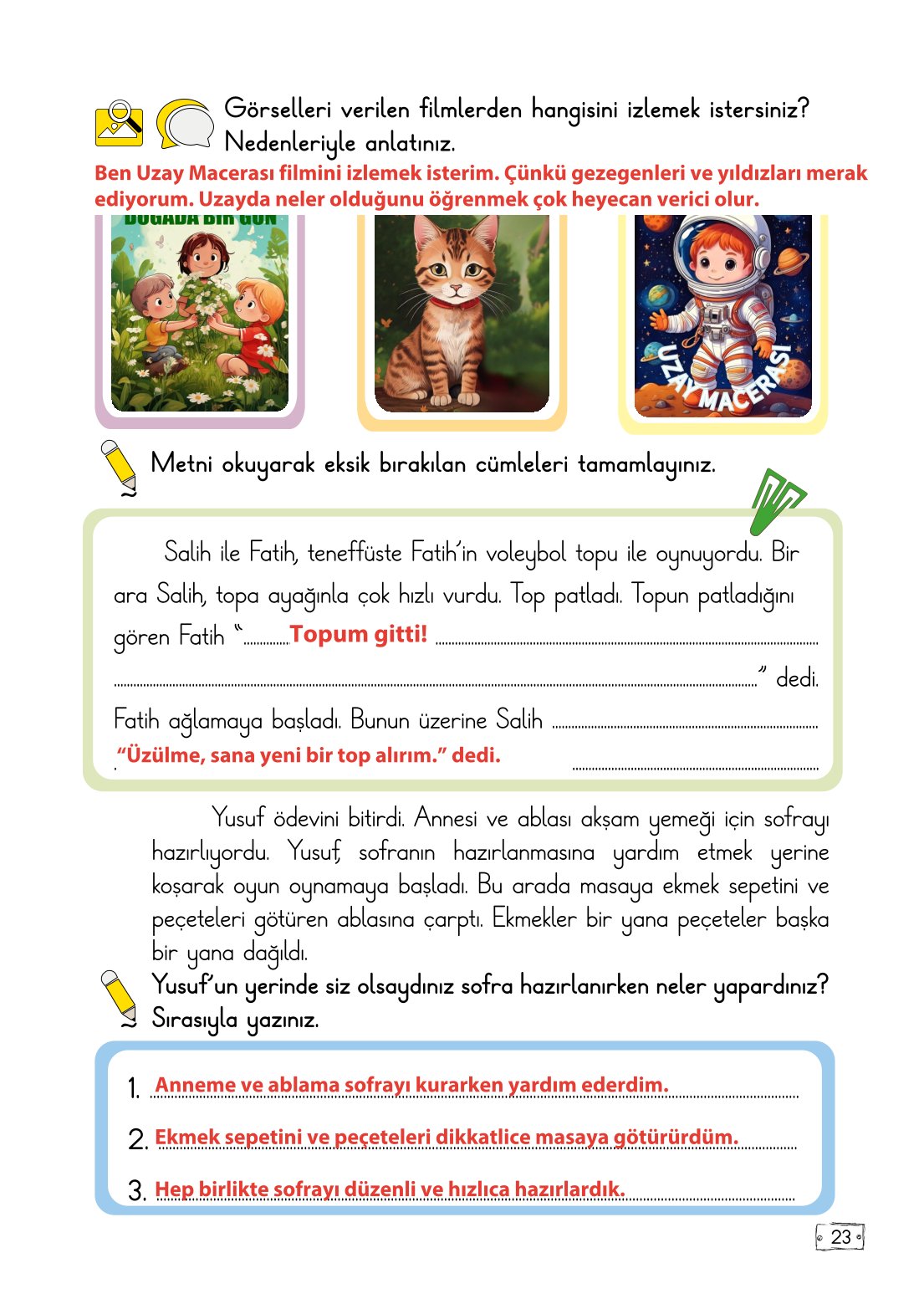 2. Sınıf Meb Yayınları Türkçe Ders Kitabı Sayfa 23 Cevapları