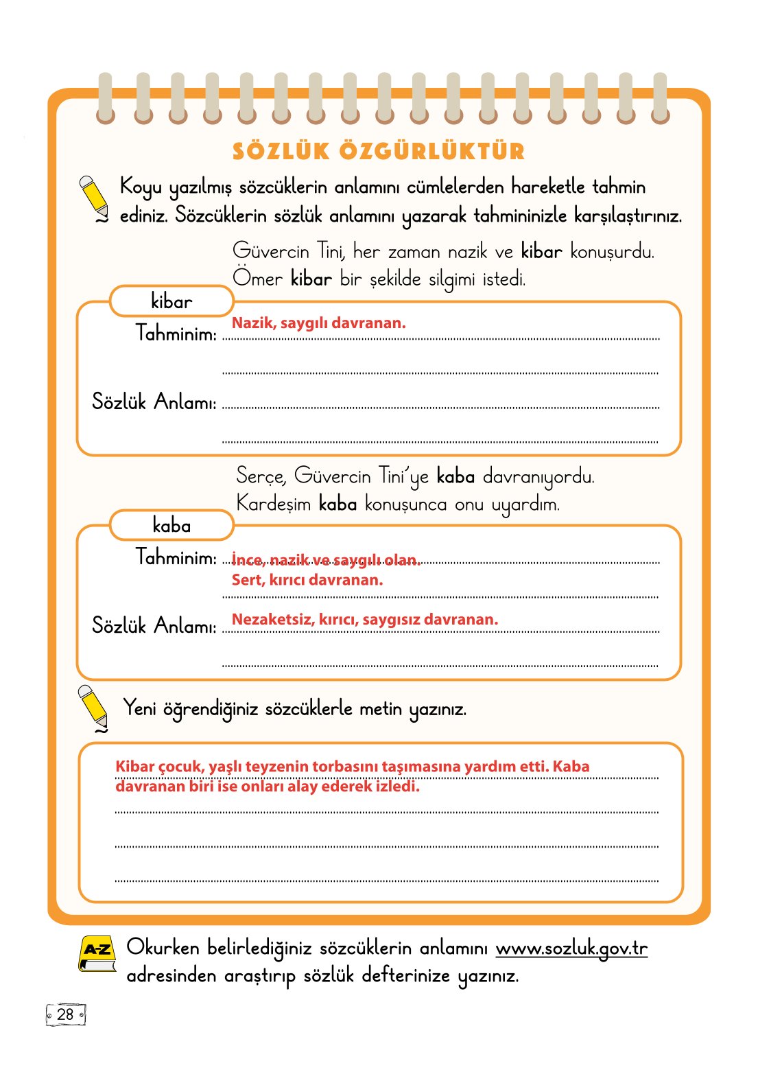 2. Sınıf Meb Yayınları Türkçe Ders Kitabı Sayfa 28 Cevapları