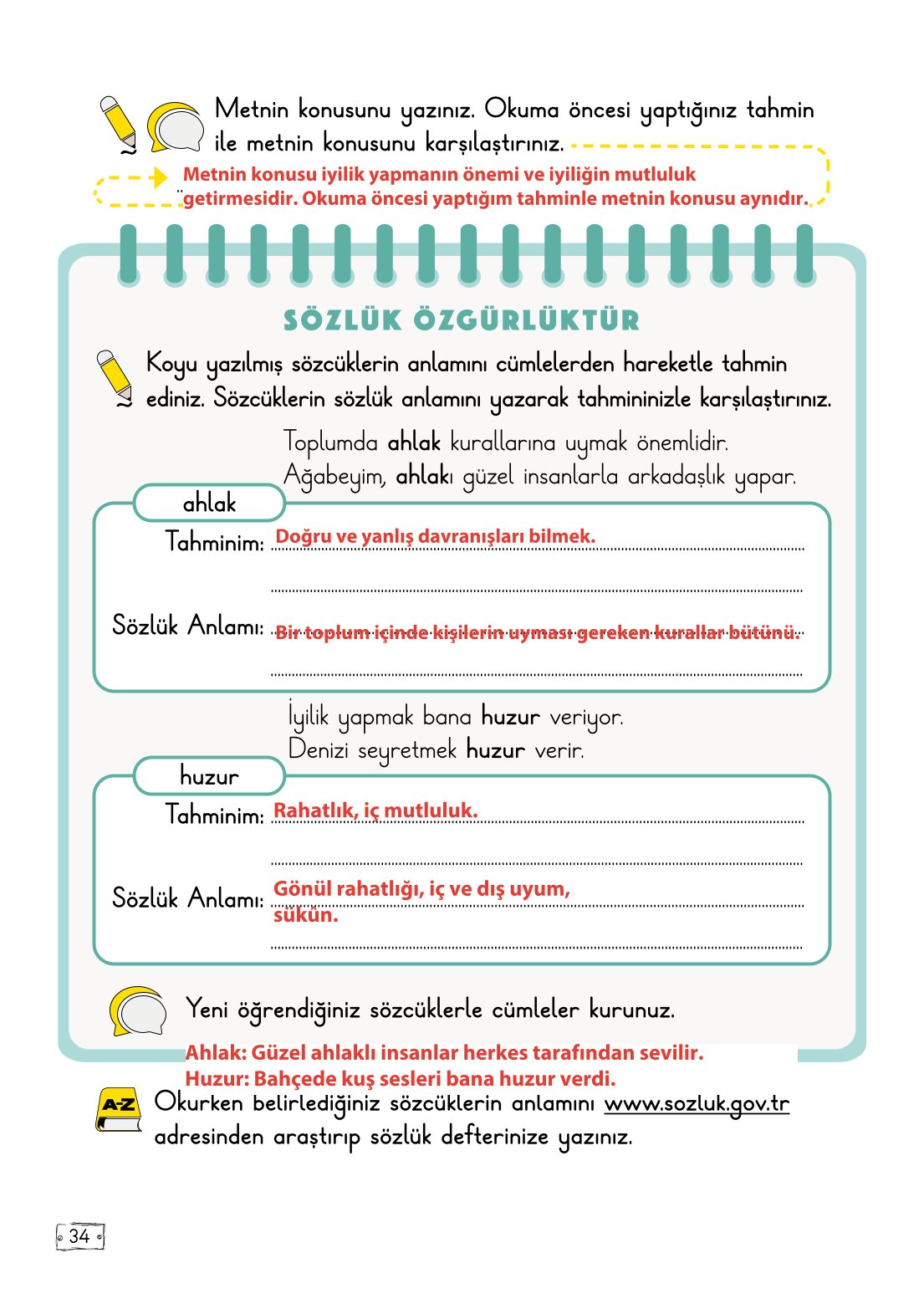 2. Sınıf Meb Yayınları Türkçe Ders Kitabı Sayfa 34 Cevapları