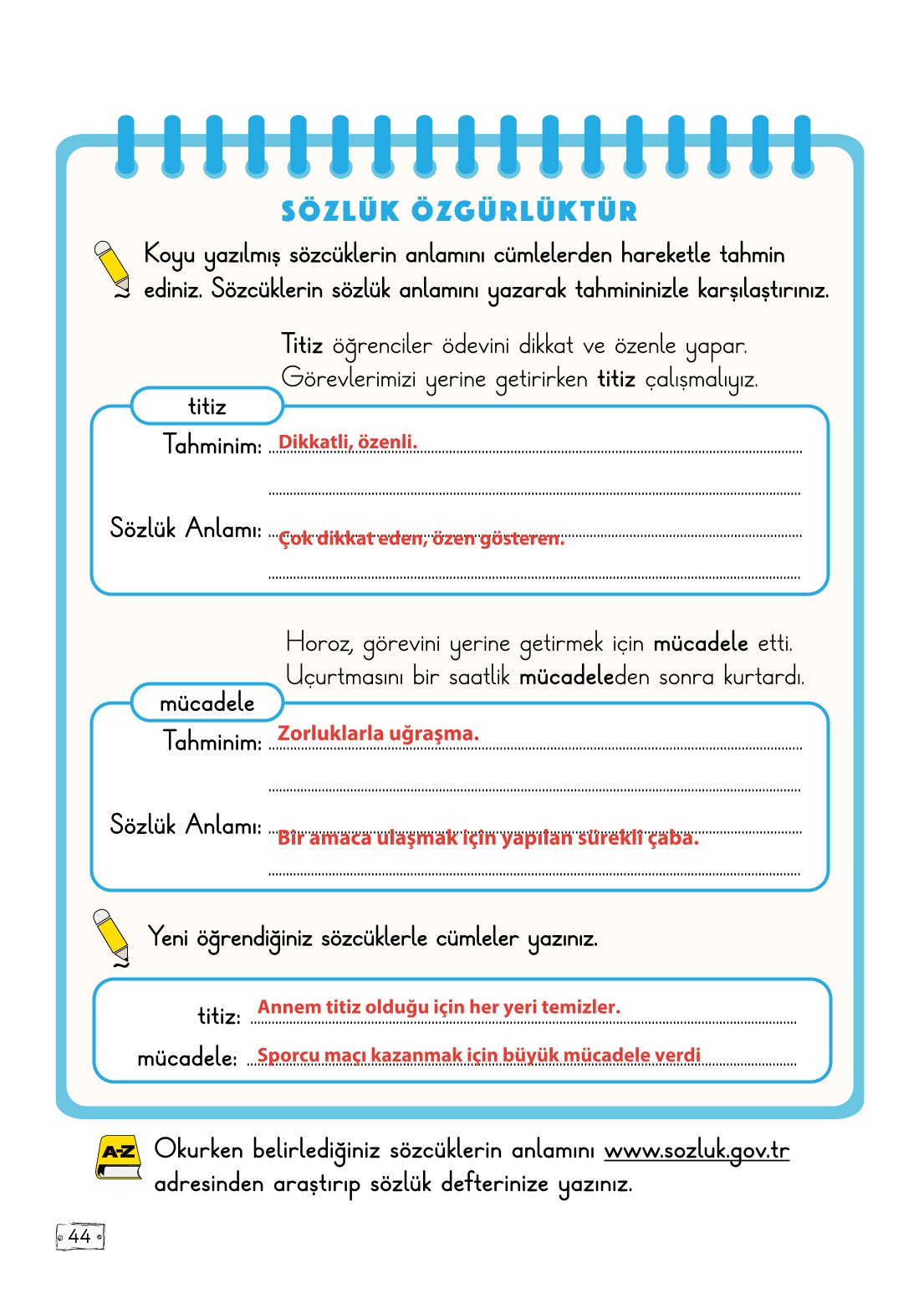 2. Sınıf Meb Yayınları Türkçe Ders Kitabı Sayfa 44 Cevapları