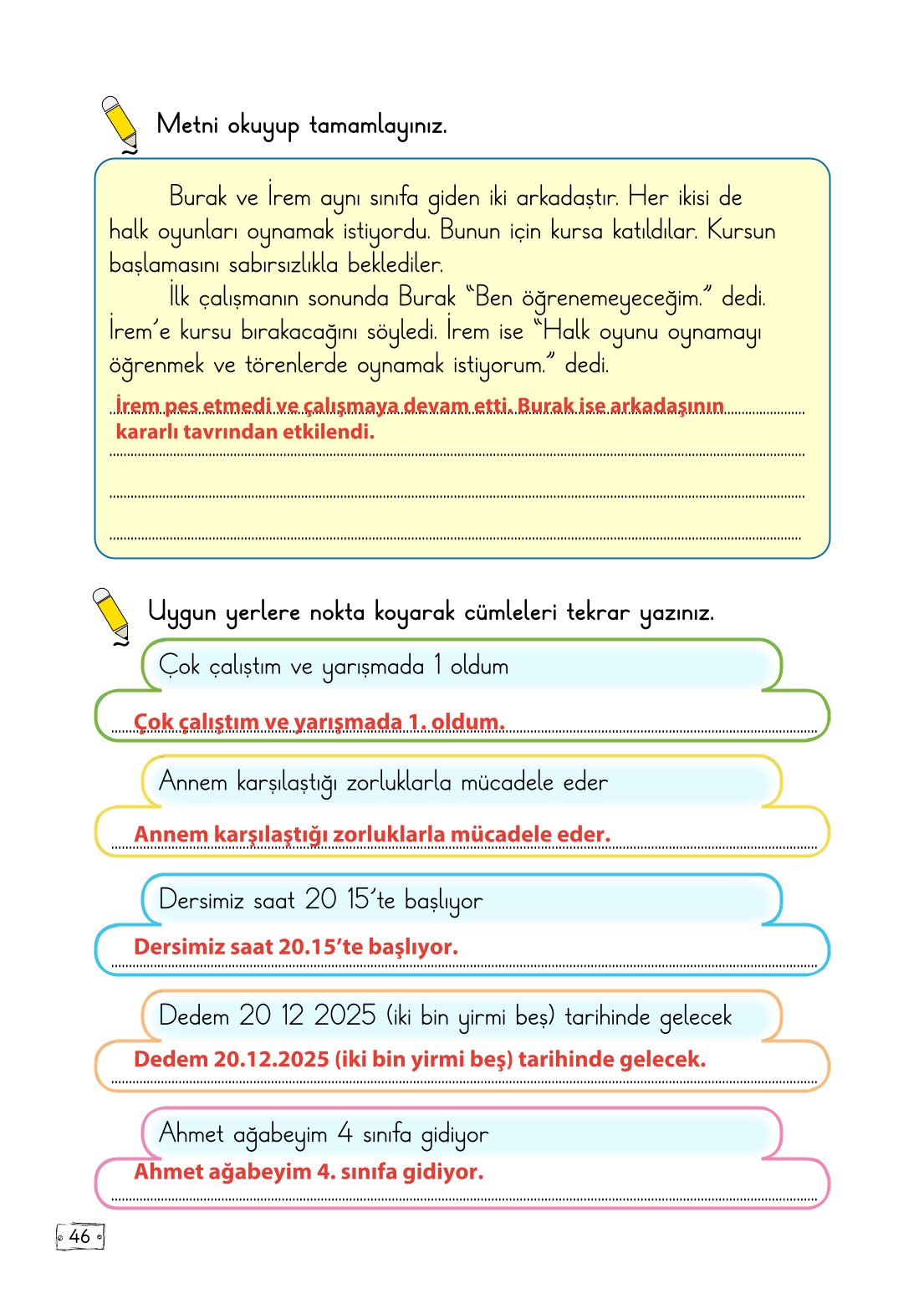 2. Sınıf Meb Yayınları Türkçe Ders Kitabı Sayfa 46 Cevapları