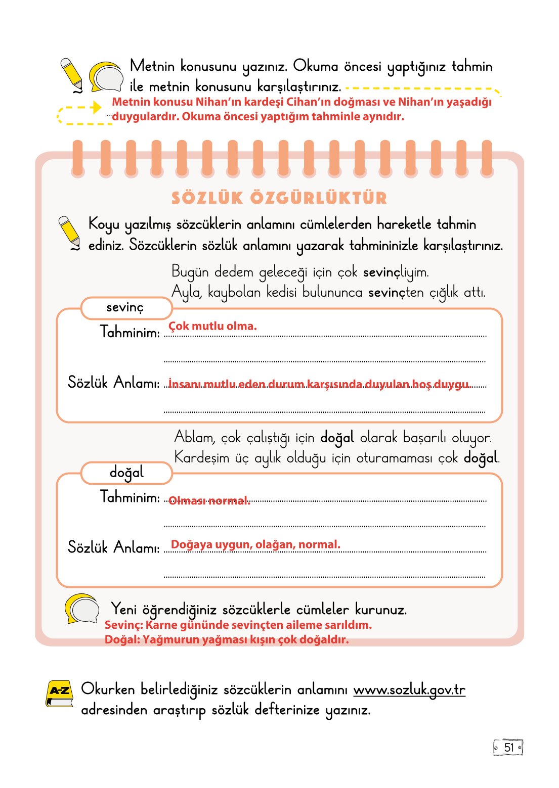 2. Sınıf Meb Yayınları Türkçe Ders Kitabı Sayfa 51 Cevapları