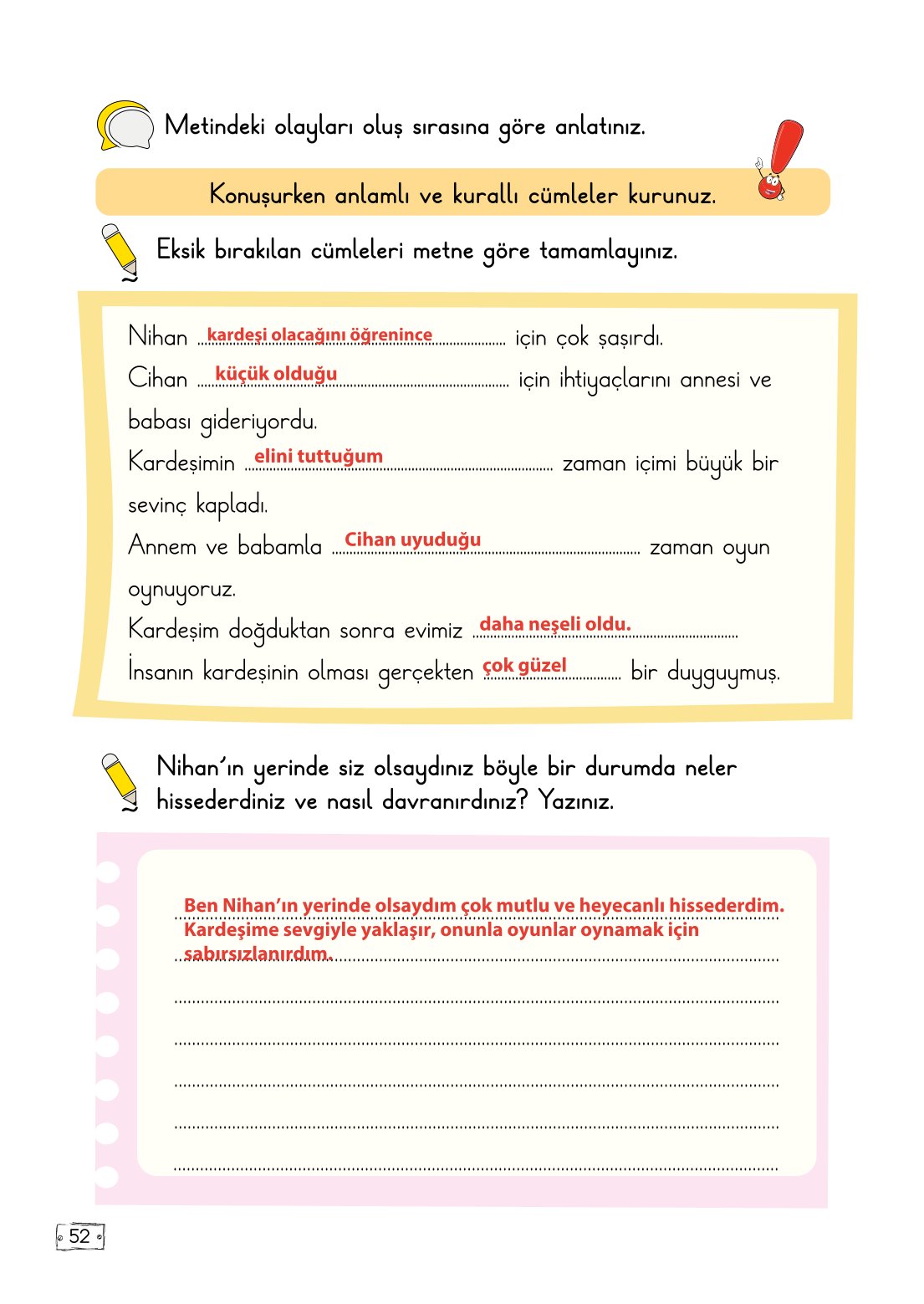 2. Sınıf Meb Yayınları Türkçe Ders Kitabı Sayfa 52 Cevapları