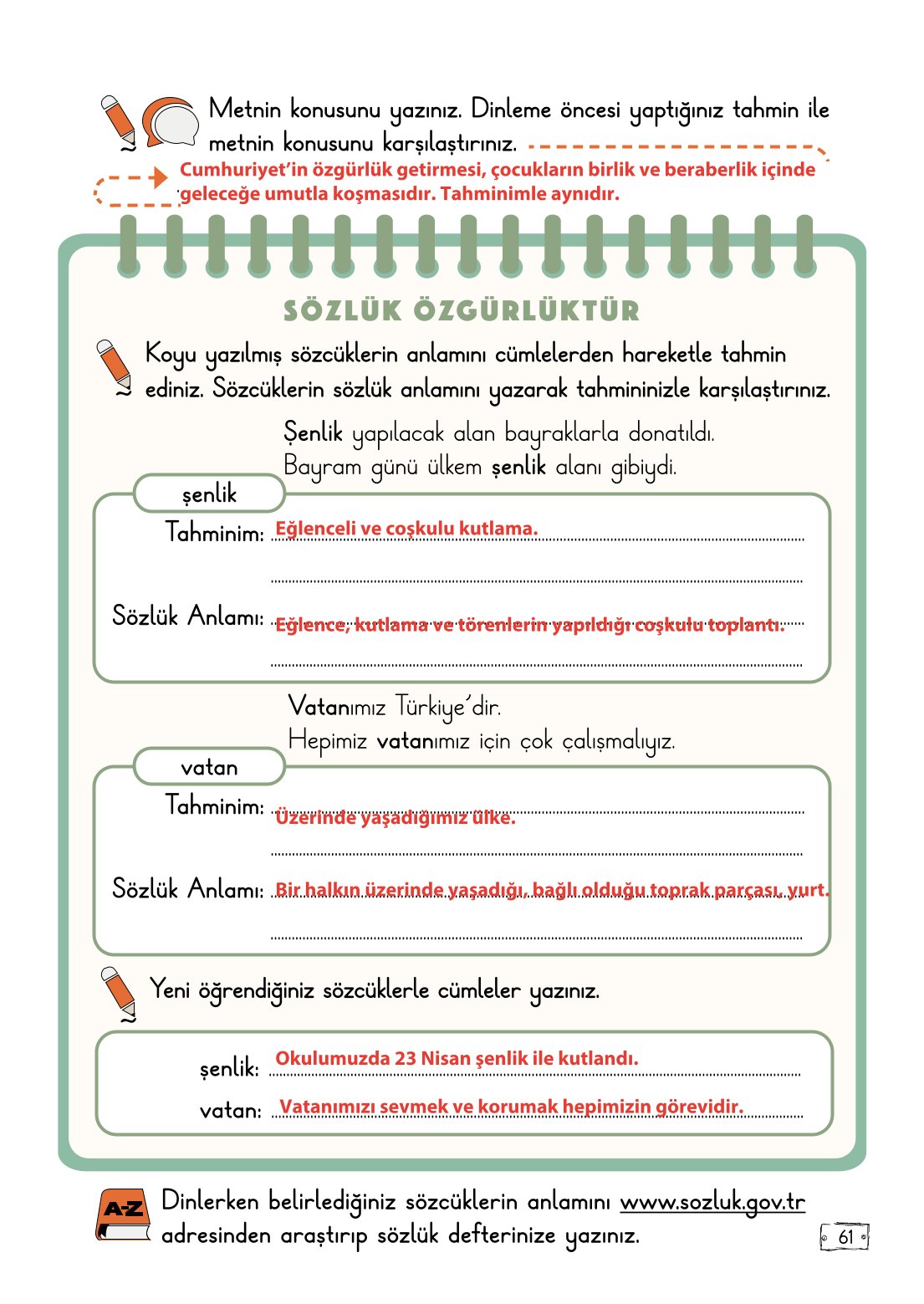 2. Sınıf Meb Yayınları Türkçe Ders Kitabı Sayfa 61 Cevapları