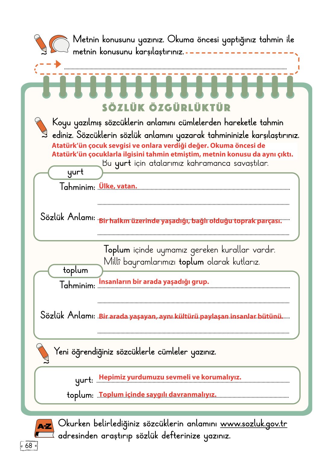 2. Sınıf Meb Yayınları Türkçe Ders Kitabı Sayfa 68 Cevapları