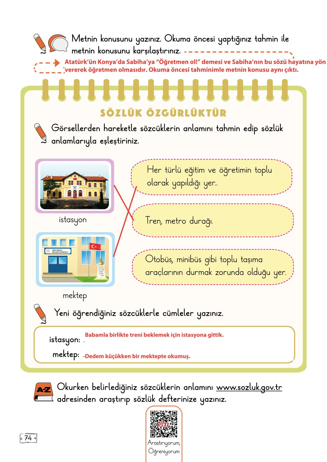 2. Sınıf Meb Yayınları Türkçe Ders Kitabı Sayfa 74 Cevapları