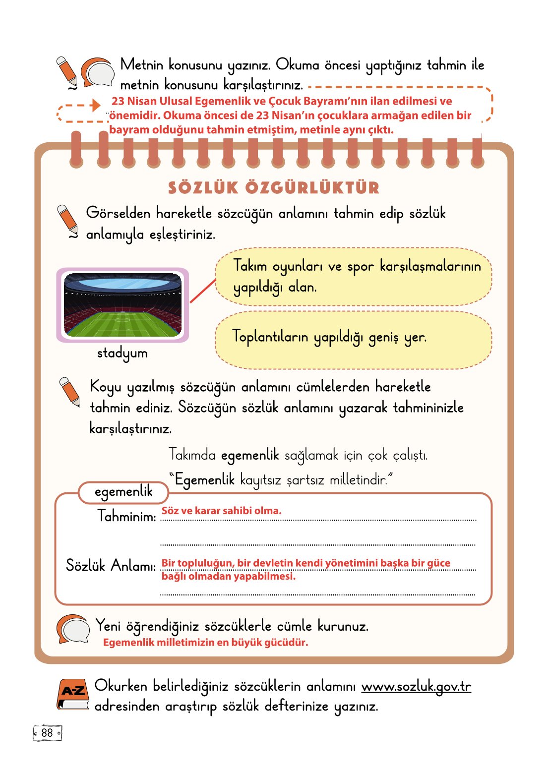 2. Sınıf Meb Yayınları Türkçe Ders Kitabı Sayfa 88 Cevapları
