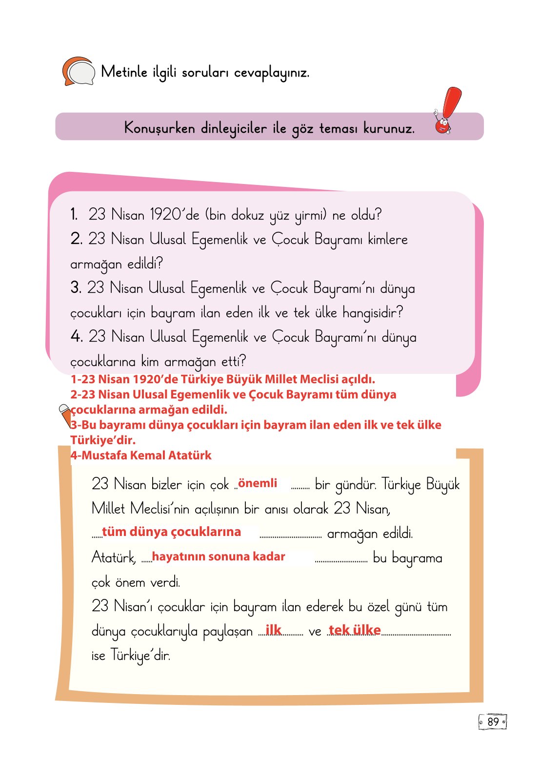 2. Sınıf Meb Yayınları Türkçe Ders Kitabı Sayfa 89 Cevapları