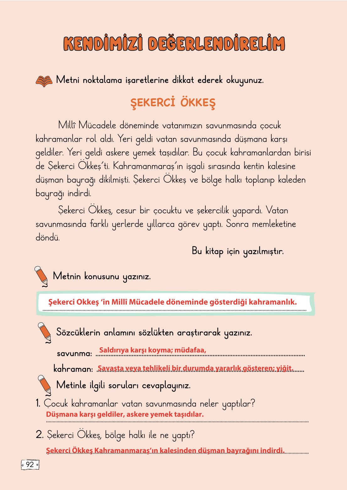 2. Sınıf Meb Yayınları Türkçe Ders Kitabı Sayfa 92 Cevapları