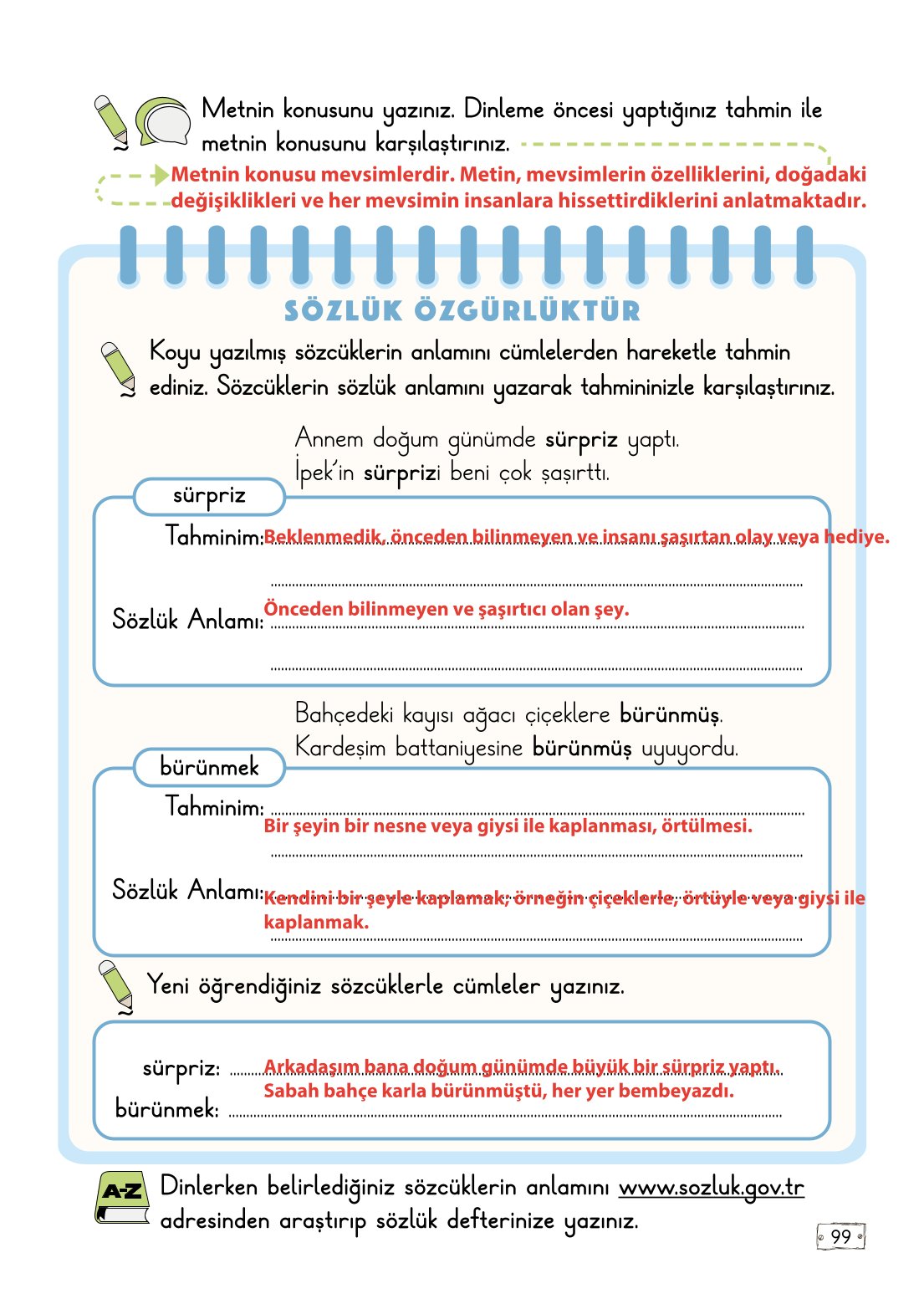 2. Sınıf Meb Yayınları Türkçe Ders Kitabı Sayfa 99 Cevapları