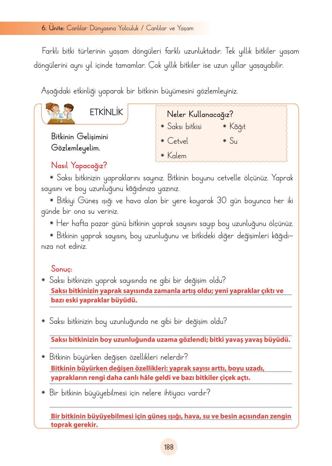 3. Sınıf Cem Yayınları Fen Bilimleri Ders Kitabı Sayfa 188 Cevapları