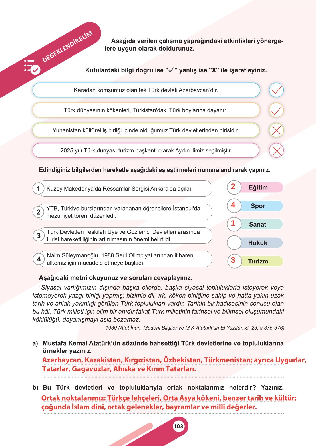 6. Sınıf Meb Yayınları Sosyal Bilgiler Ders Kitabı Sayfa 103 Cevapları