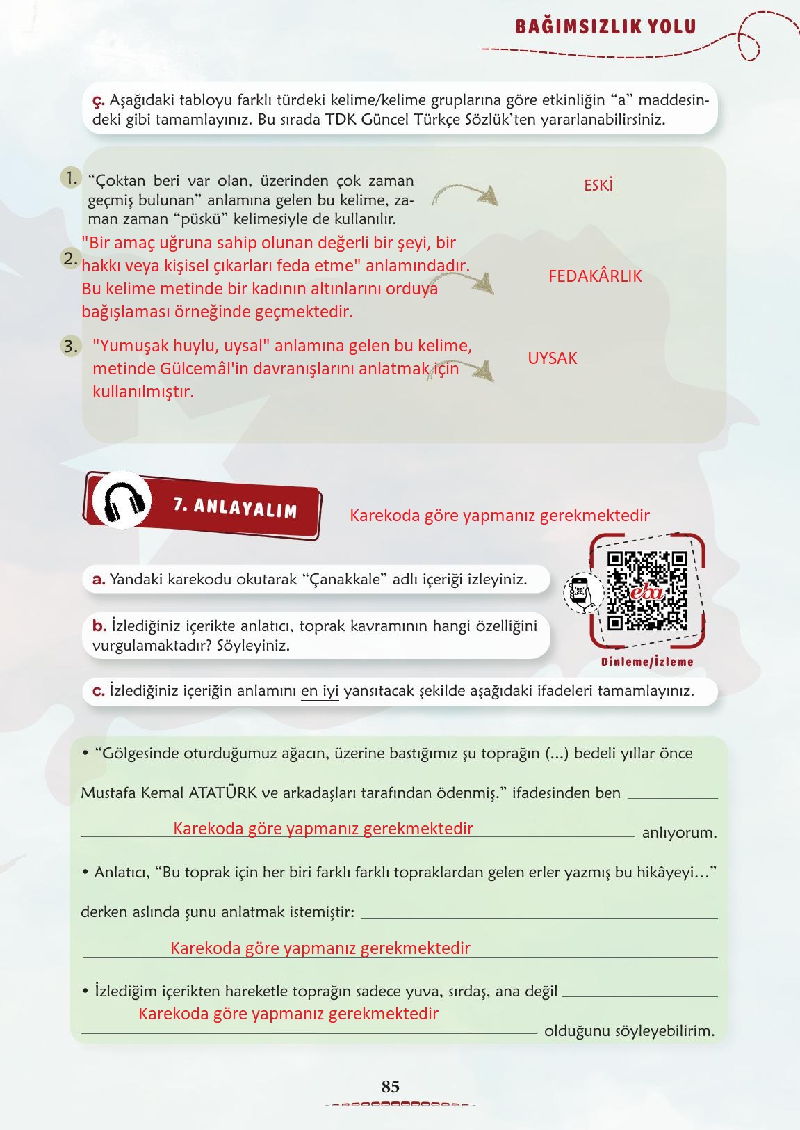 6. Sınıf Meb Yayınları Türkçe Ders Kitabı Sayfa 86 Cevapları