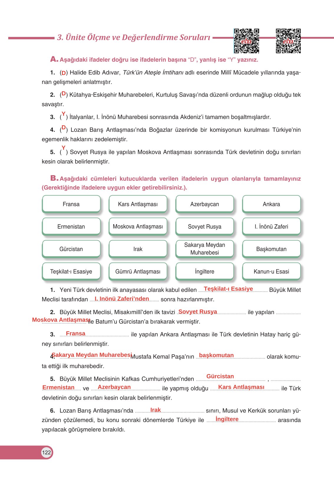 8. Sınıf Ders Destek Yayınları İnkılap Tarihi Ve Atatürkçülük Ders Kitabı Sayfa 122 Cevapları