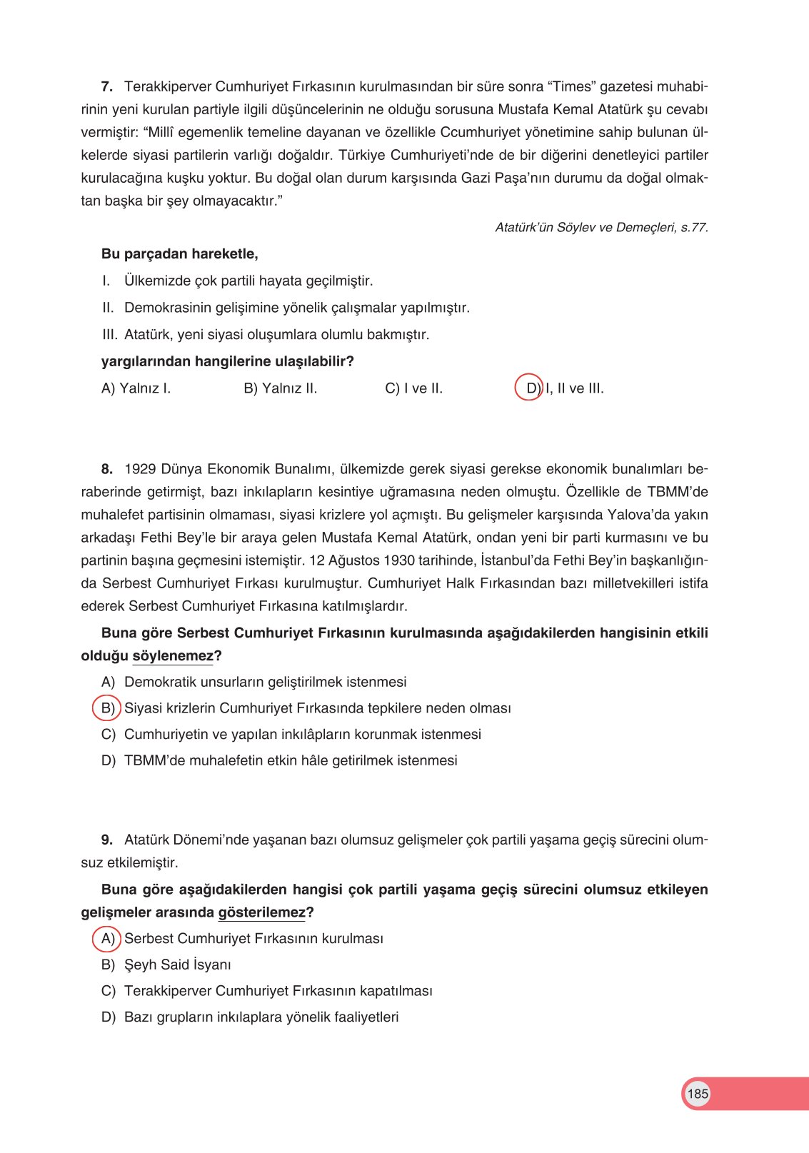 8. Sınıf Ders Destek Yayınları İnkılap Tarihi Ve Atatürkçülük Ders Kitabı Sayfa 185 Cevapları