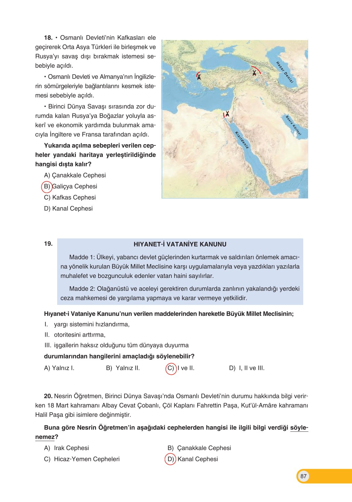 8. Sınıf Ders Destek Yayınları İnkılap Tarihi Ve Atatürkçülük Ders Kitabı Sayfa 87 Cevapları