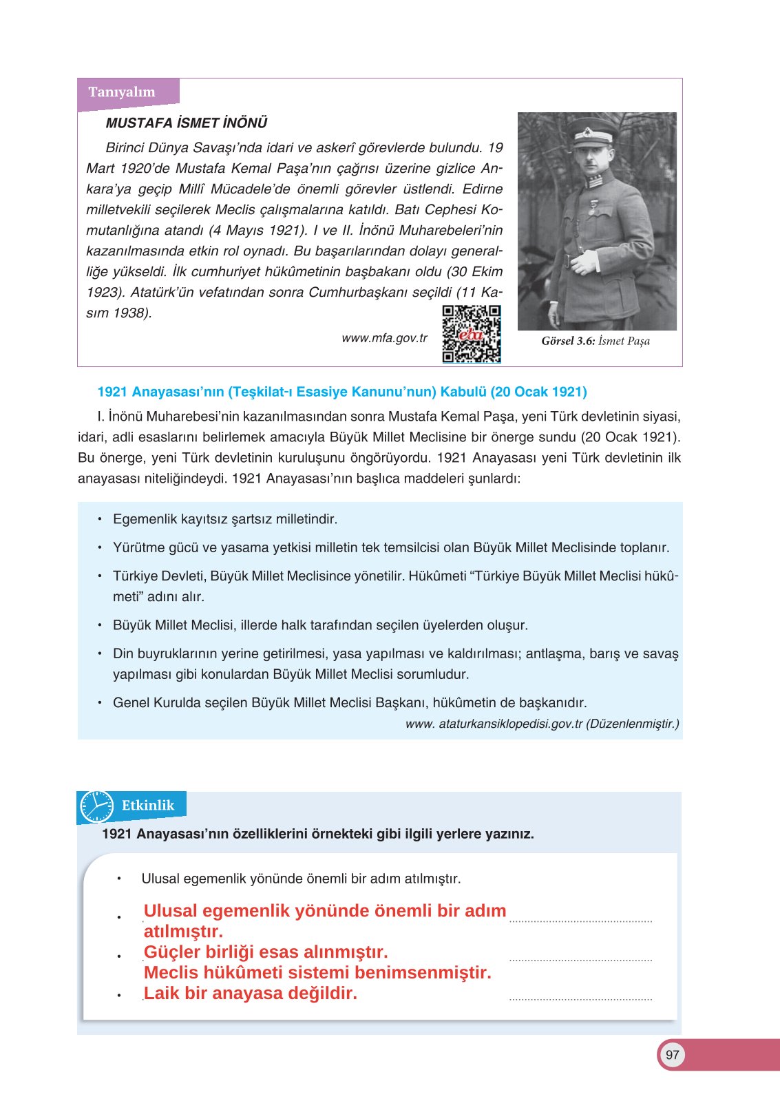 8. Sınıf Ders Destek Yayınları İnkılap Tarihi Ve Atatürkçülük Ders Kitabı Sayfa 97 Cevapları