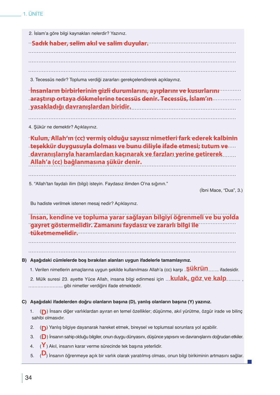 10. Sınıf Meb Yayınları Din Kültürü Ve Ahlak Bilgisi Ders Kitabı Sayfa 34 Cevapları