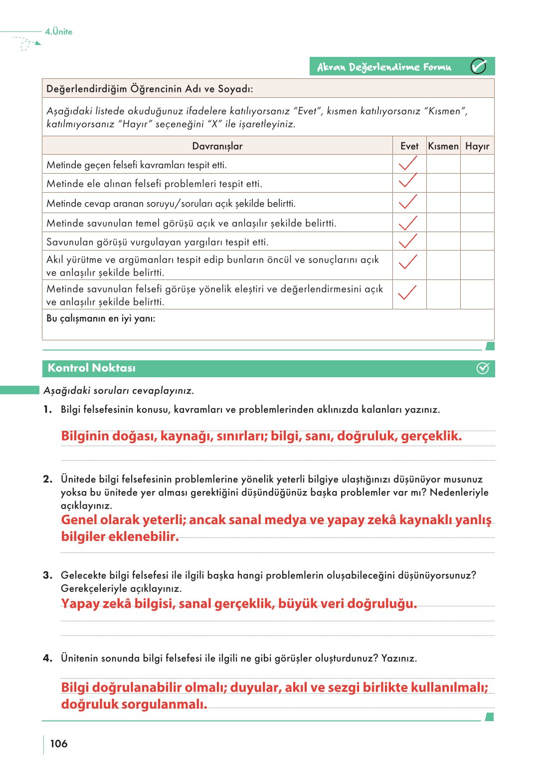 10. Sınıf Meb Yayınları Felsefe Ders Kitabı Sayfa 106 Cevapları