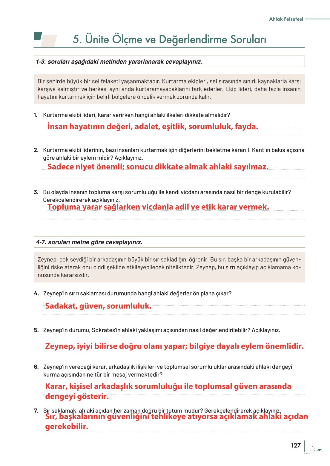 10. Sınıf Meb Yayınları Felsefe Ders Kitabı Sayfa 127 Cevapları