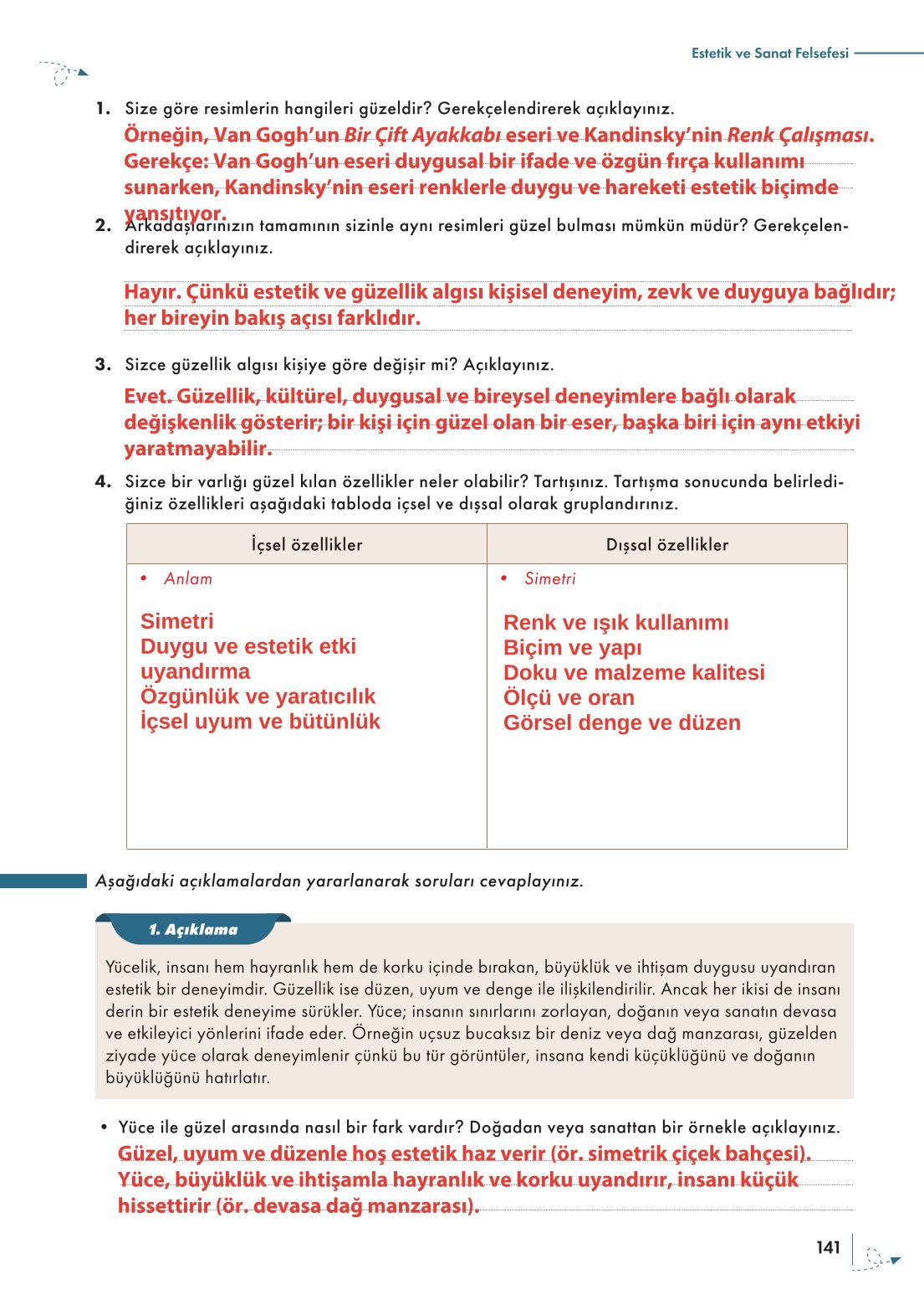 10. Sınıf Meb Yayınları Felsefe Ders Kitabı Sayfa 141 Cevapları