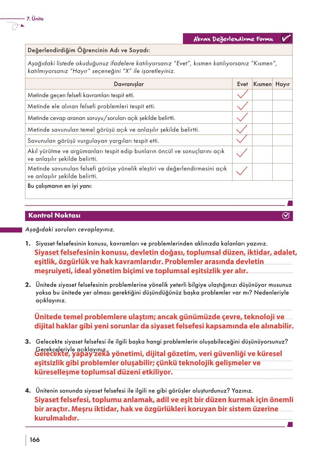 10. Sınıf Meb Yayınları Felsefe Ders Kitabı Sayfa 166 Cevapları