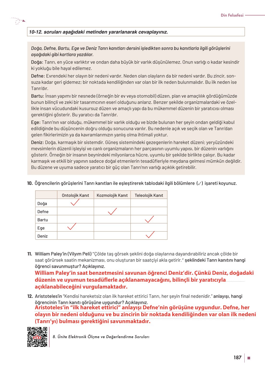10. Sınıf Meb Yayınları Felsefe Ders Kitabı Sayfa 187 Cevapları