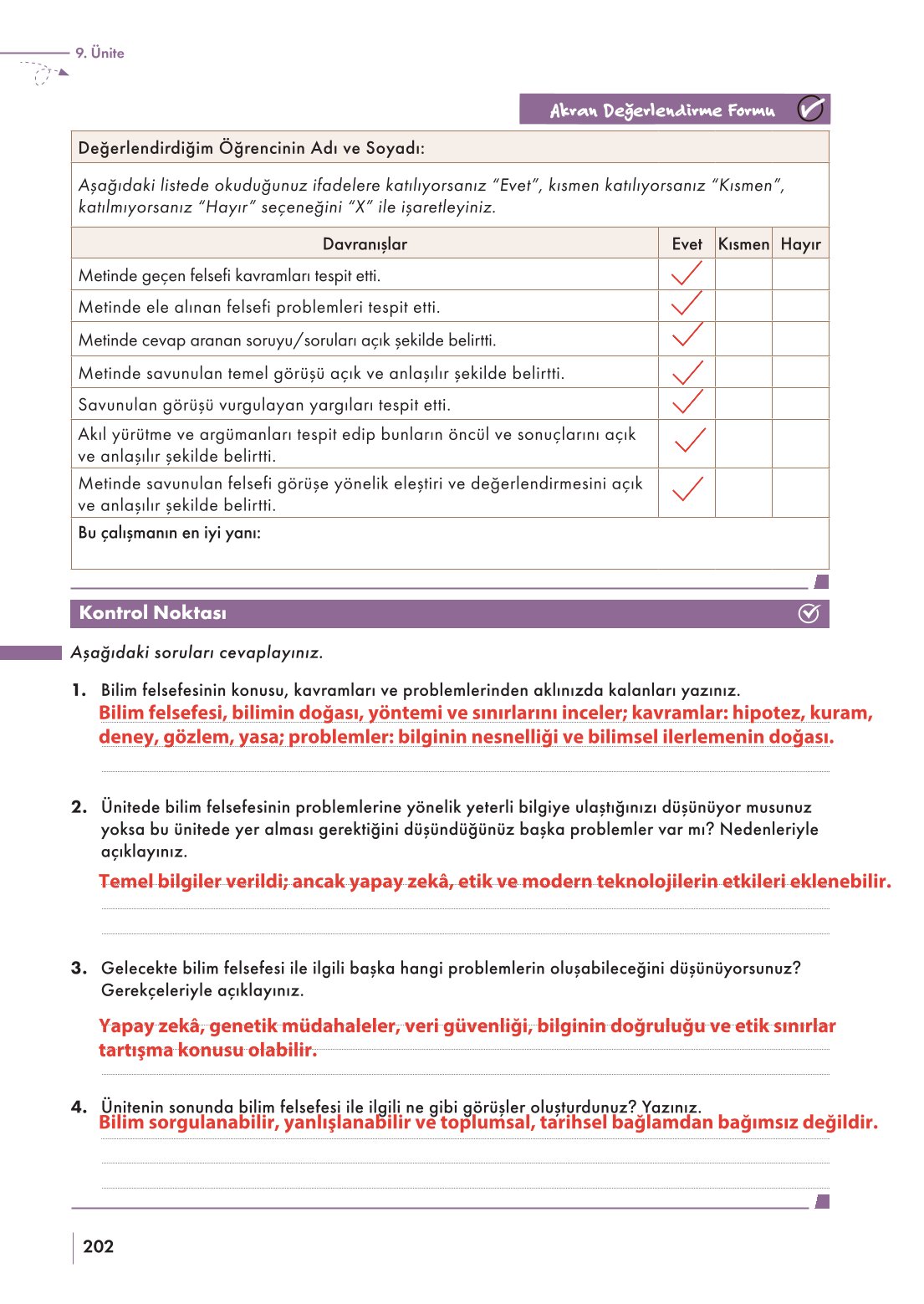 10. Sınıf Meb Yayınları Felsefe Ders Kitabı Sayfa 202 Cevapları