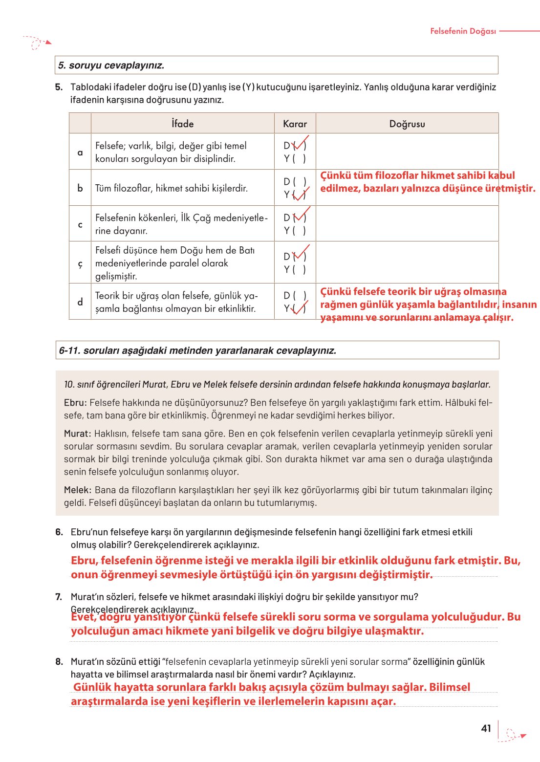 10. Sınıf Meb Yayınları Felsefe Ders Kitabı Sayfa 41 Cevapları