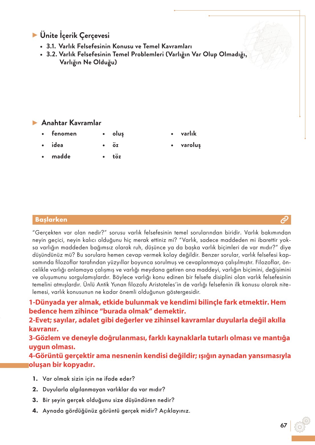 10. Sınıf Meb Yayınları Felsefe Ders Kitabı Sayfa 67 Cevapları