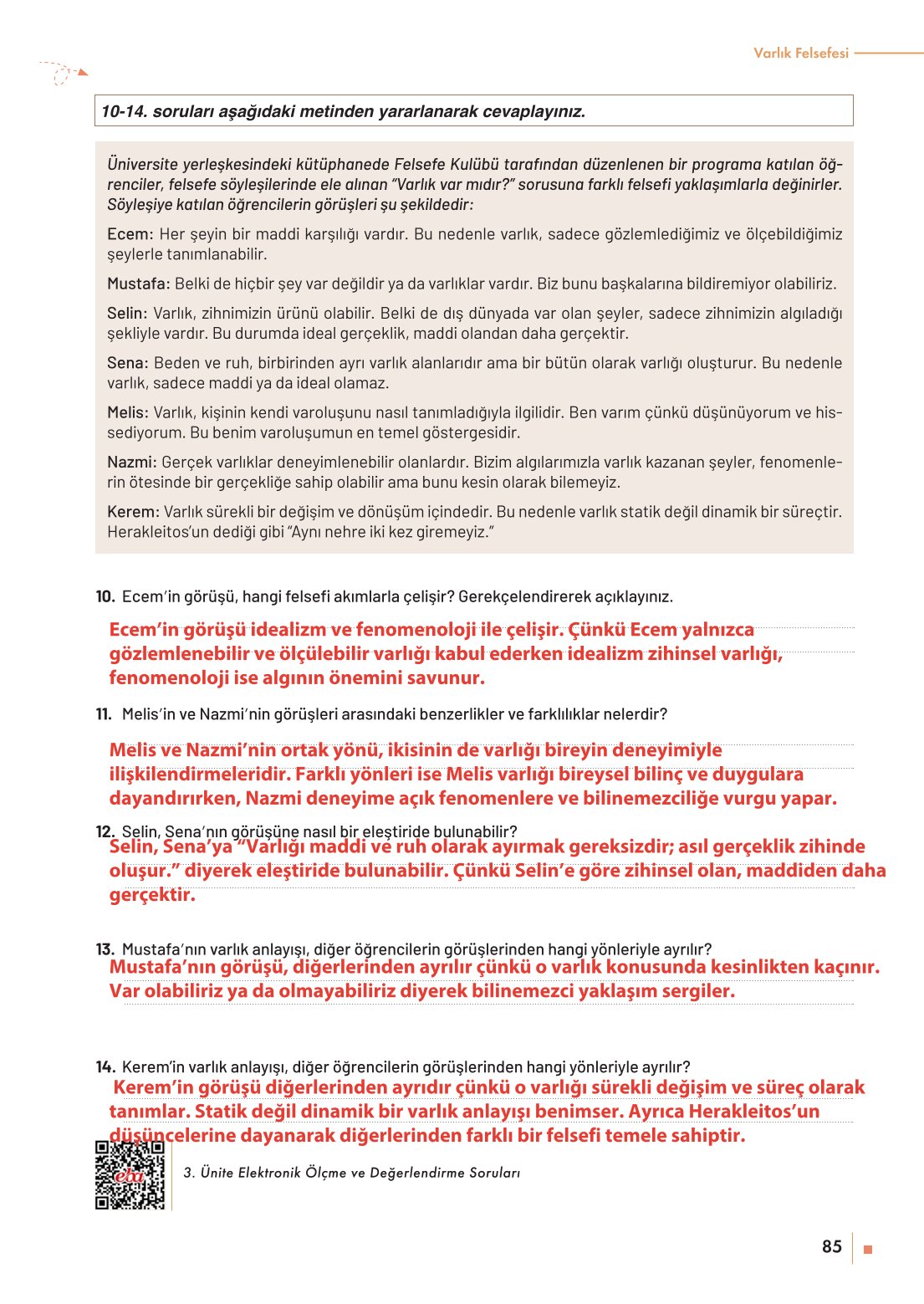 10. Sınıf Meb Yayınları Felsefe Ders Kitabı Sayfa 85 Cevapları