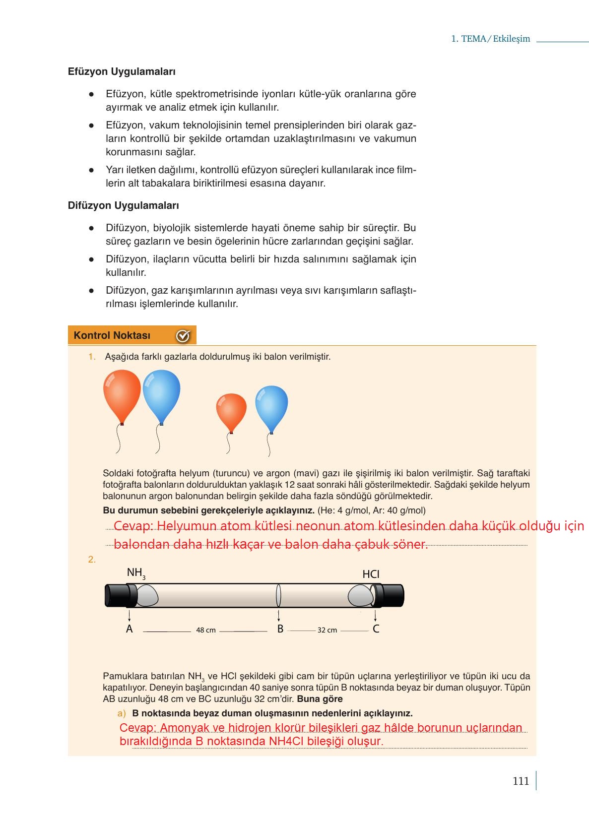 10. Sınıf Meb Yayınları Kimya Ders Kitabı Sayfa 111 Cevapları