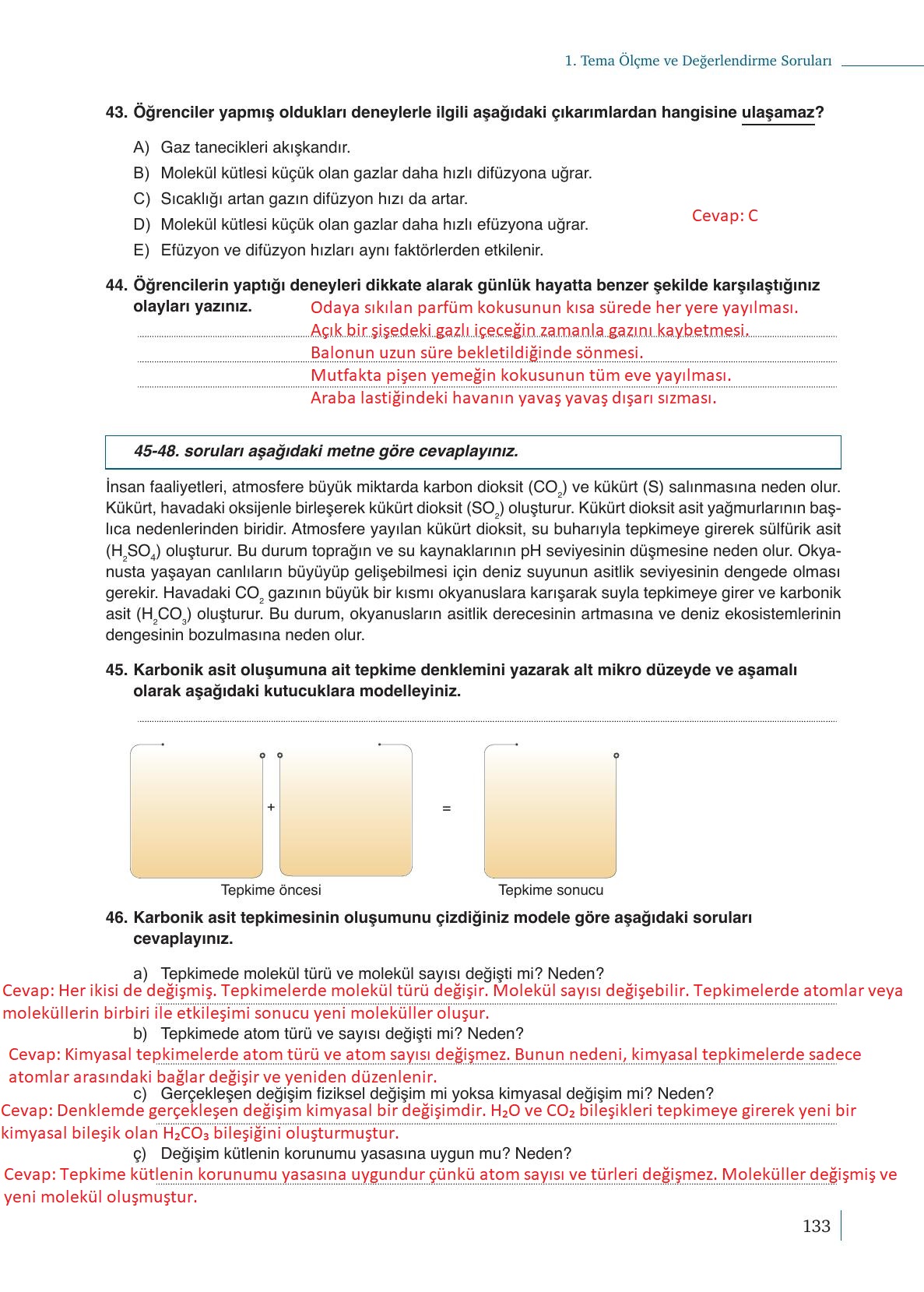 10. Sınıf Meb Yayınları Kimya Ders Kitabı Sayfa 133 Cevapları