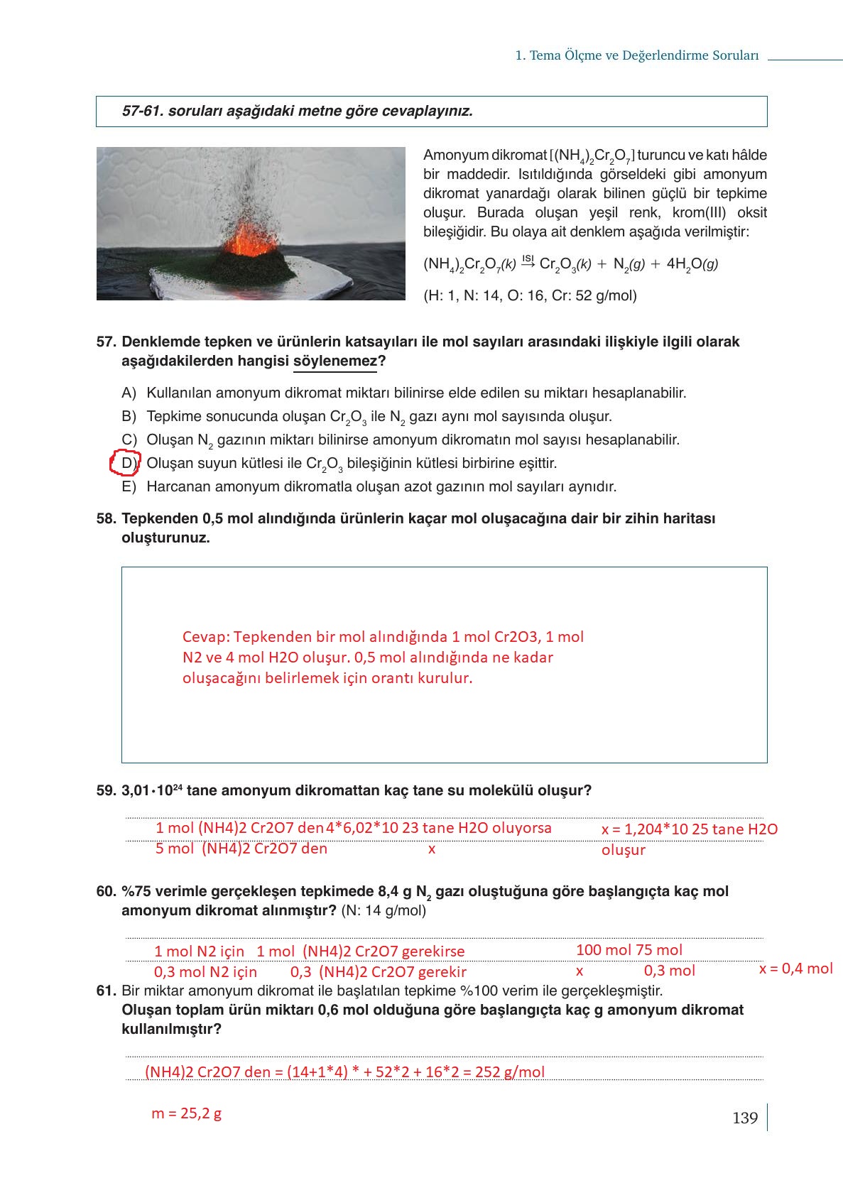 10. Sınıf Meb Yayınları Kimya Ders Kitabı Sayfa 139 Cevapları