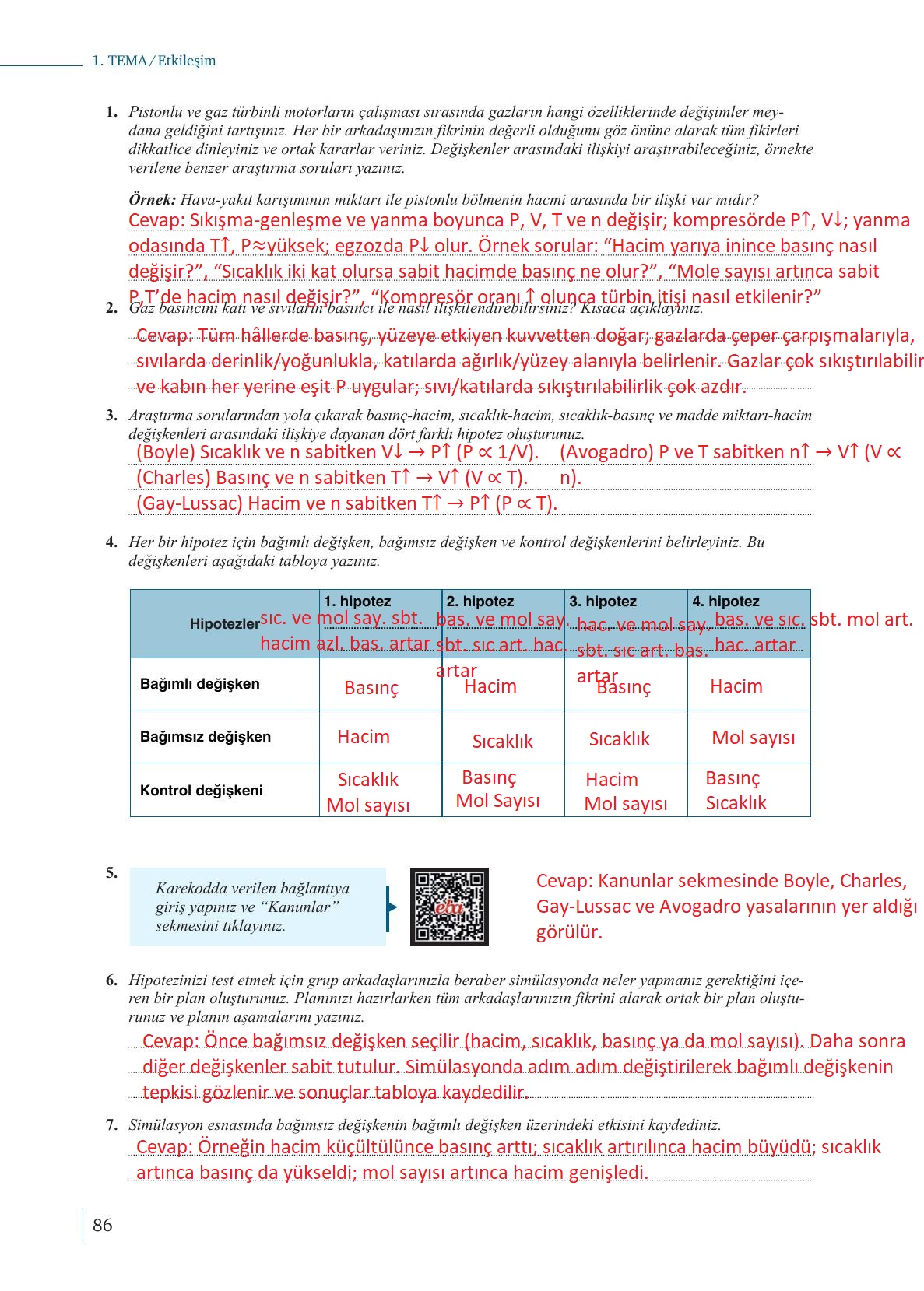10. Sınıf Meb Yayınları Kimya Ders Kitabı Sayfa 86 Cevapları
