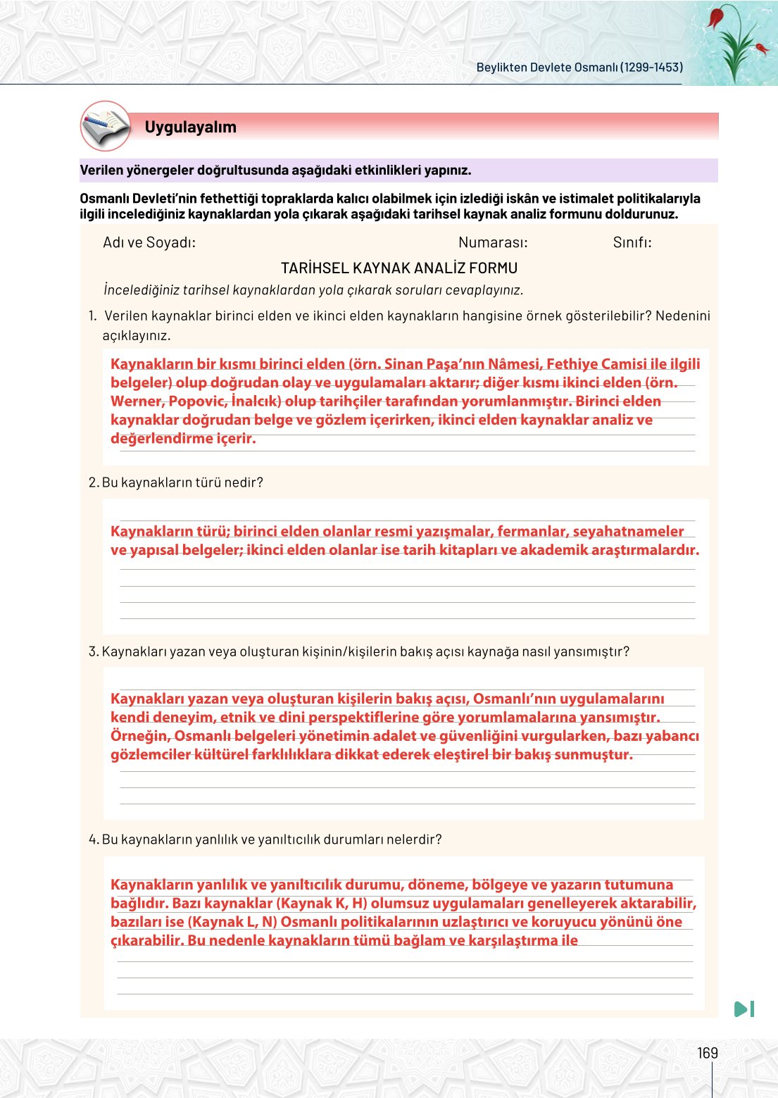 10. Sınıf Meb Yayınları Tarih Ders Kitabı Sayfa 169 Cevapları