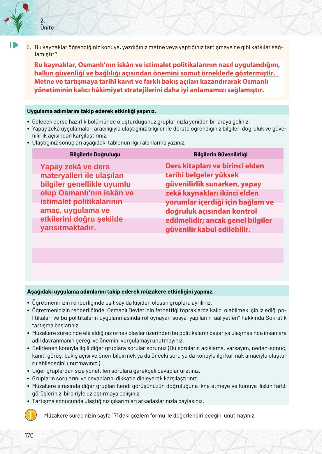 10. Sınıf Meb Yayınları Tarih Ders Kitabı Sayfa 170 Cevapları