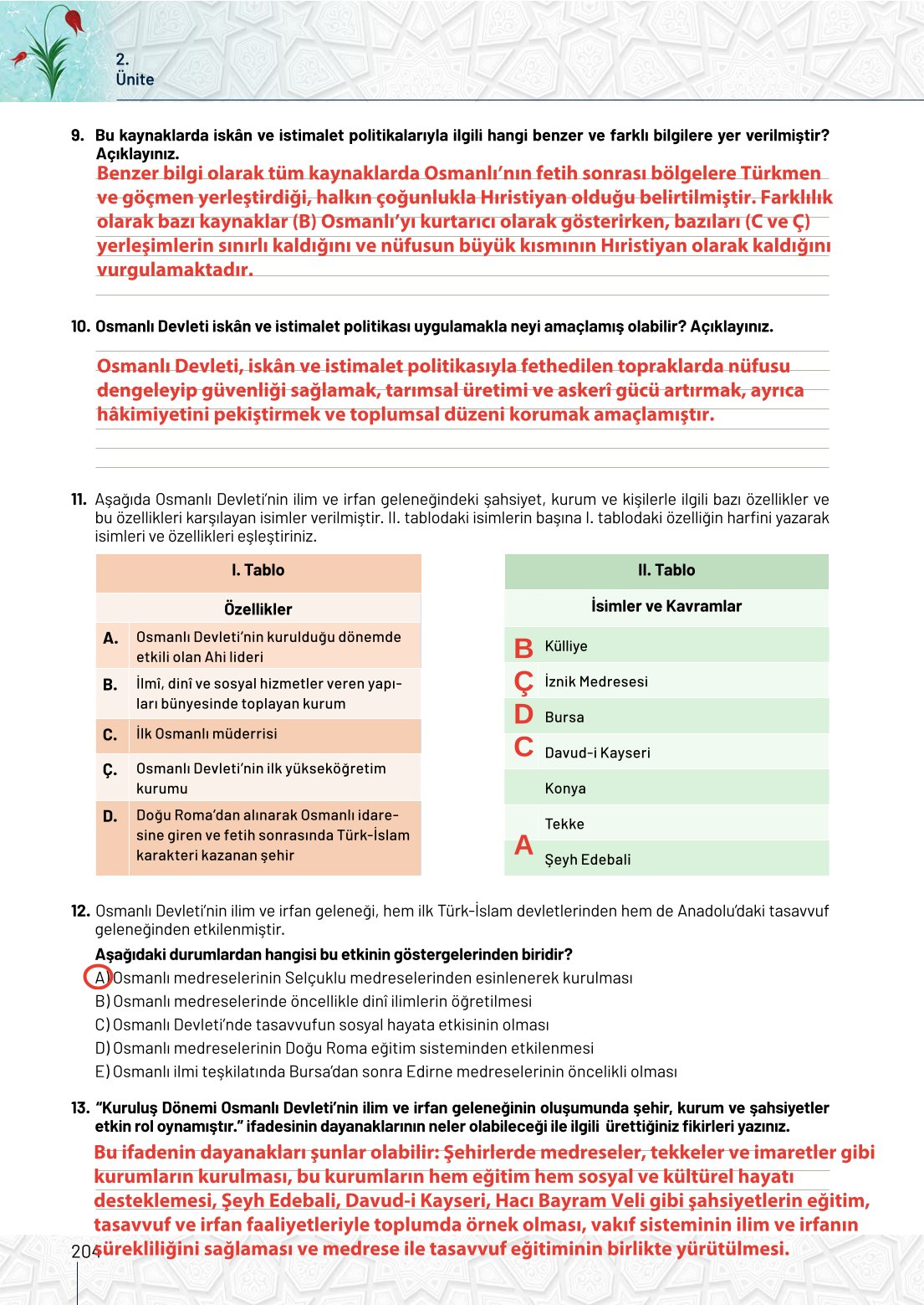 10. Sınıf Meb Yayınları Tarih Ders Kitabı Sayfa 204 Cevapları