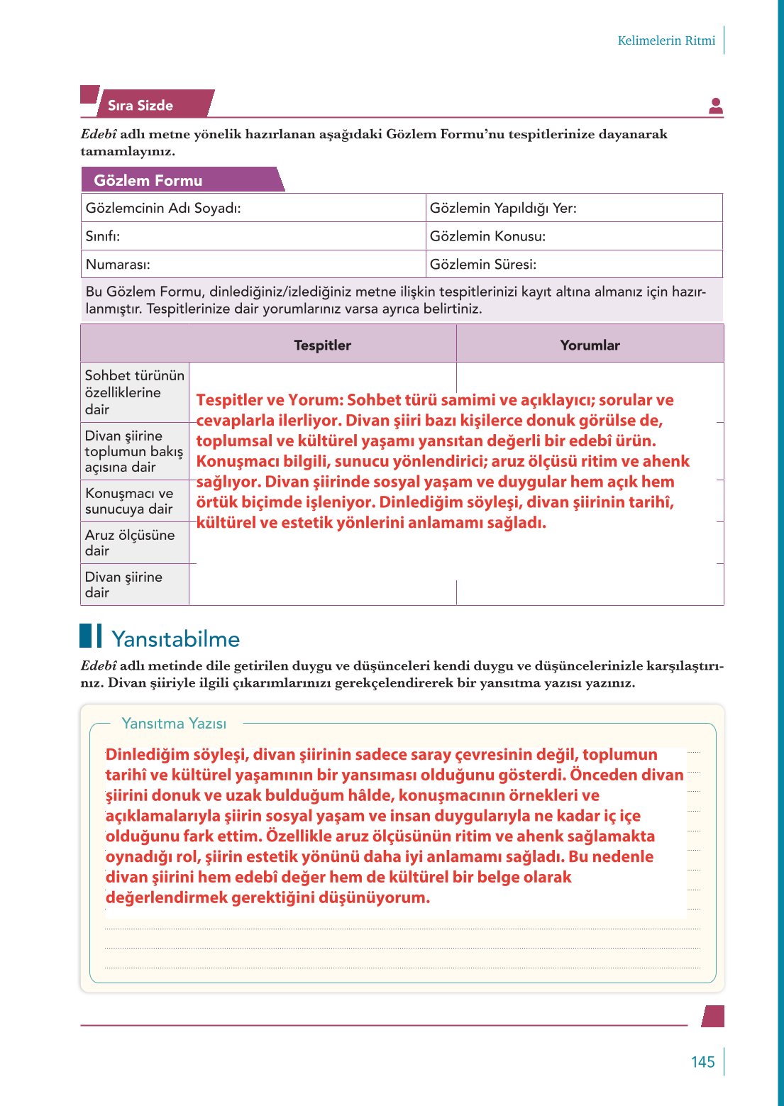 10. Sınıf Meb Yayınları Türk Dili Ve Edebiyatı Ders Kitabı Sayfa 145 Cevapları