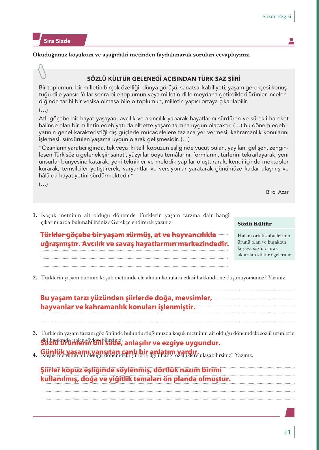 10. Sınıf Meb Yayınları Türk Dili Ve Edebiyatı Ders Kitabı Sayfa 21 Cevapları