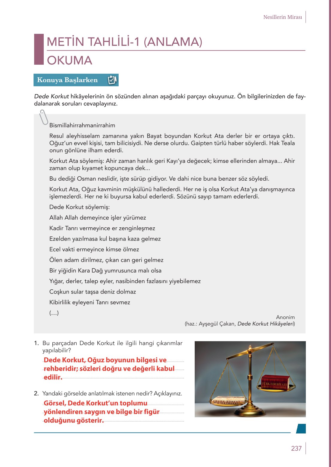 10. Sınıf Meb Yayınları Türk Dili Ve Edebiyatı Ders Kitabı Sayfa 237 Cevapları