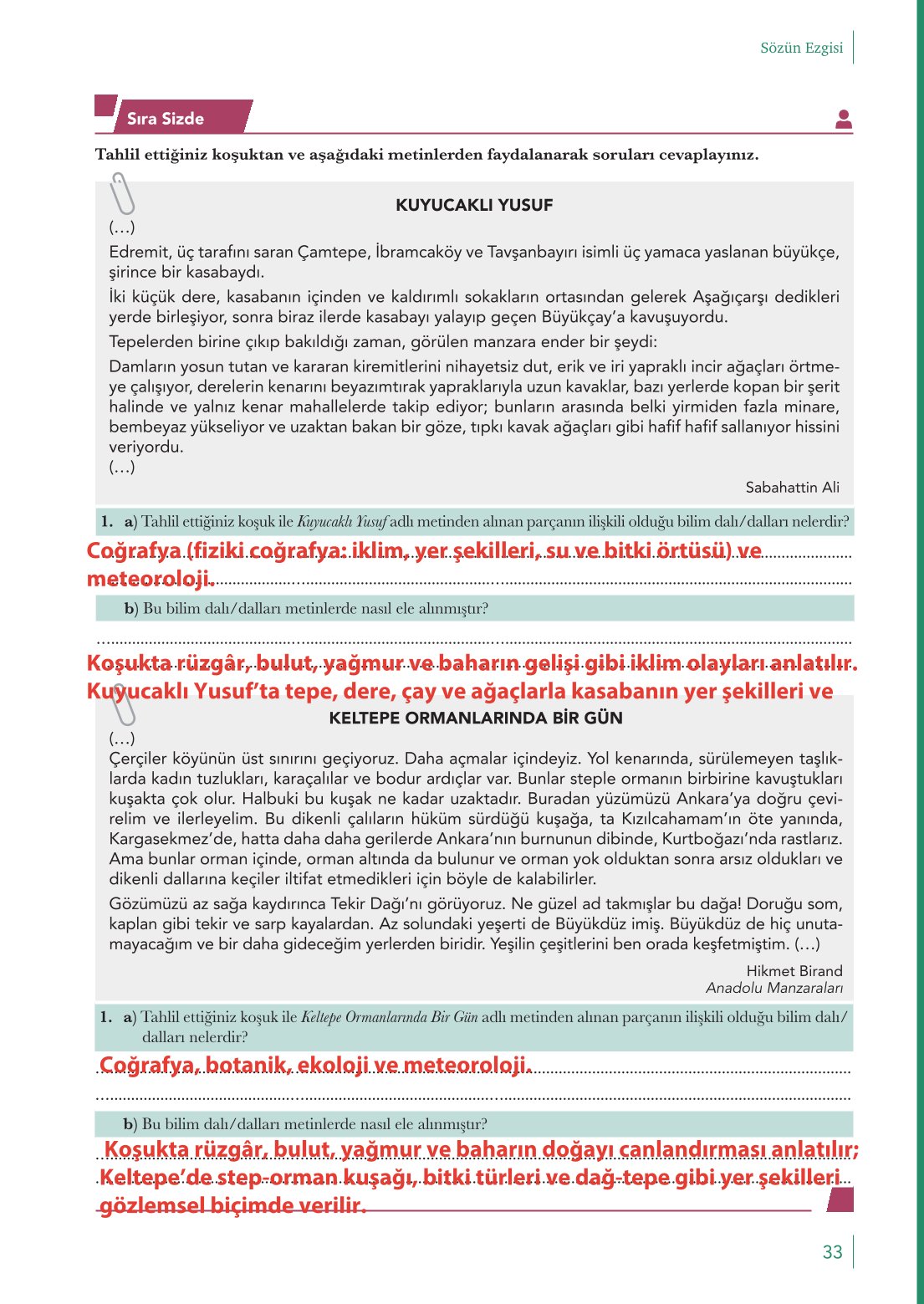 10. Sınıf Meb Yayınları Türk Dili Ve Edebiyatı Ders Kitabı Sayfa 33 Cevapları