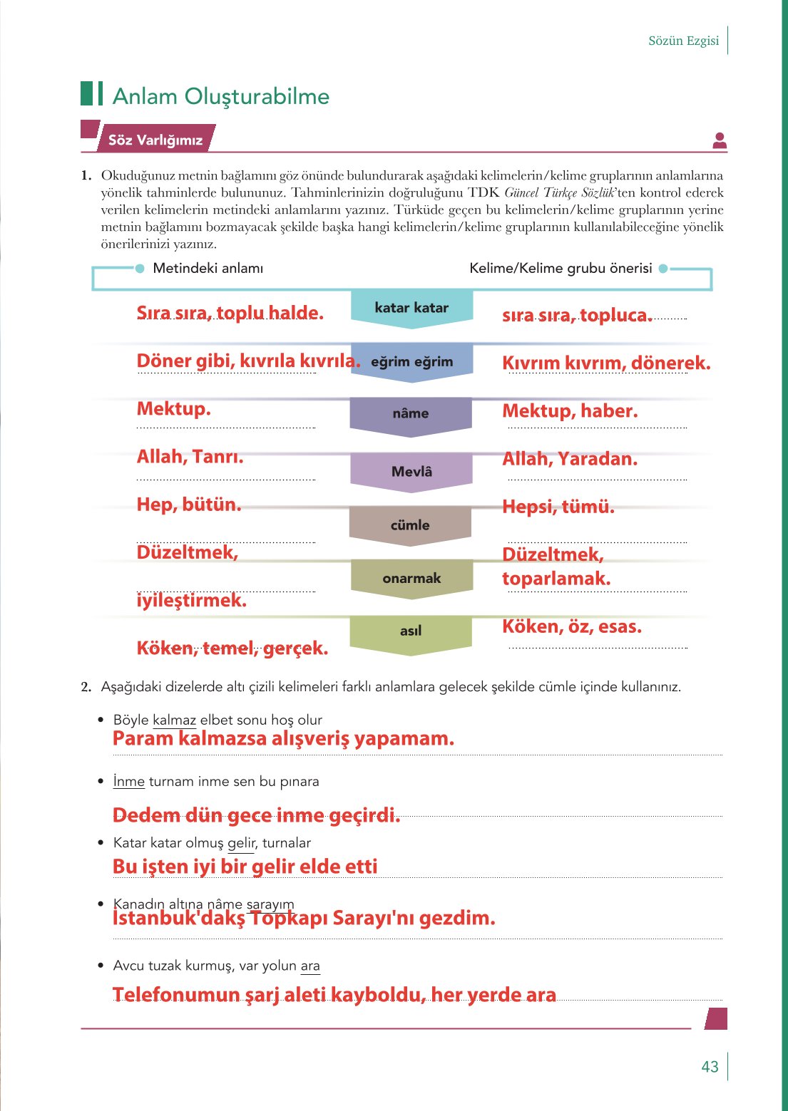 10. Sınıf Meb Yayınları Türk Dili Ve Edebiyatı Ders Kitabı Sayfa 43 Cevapları