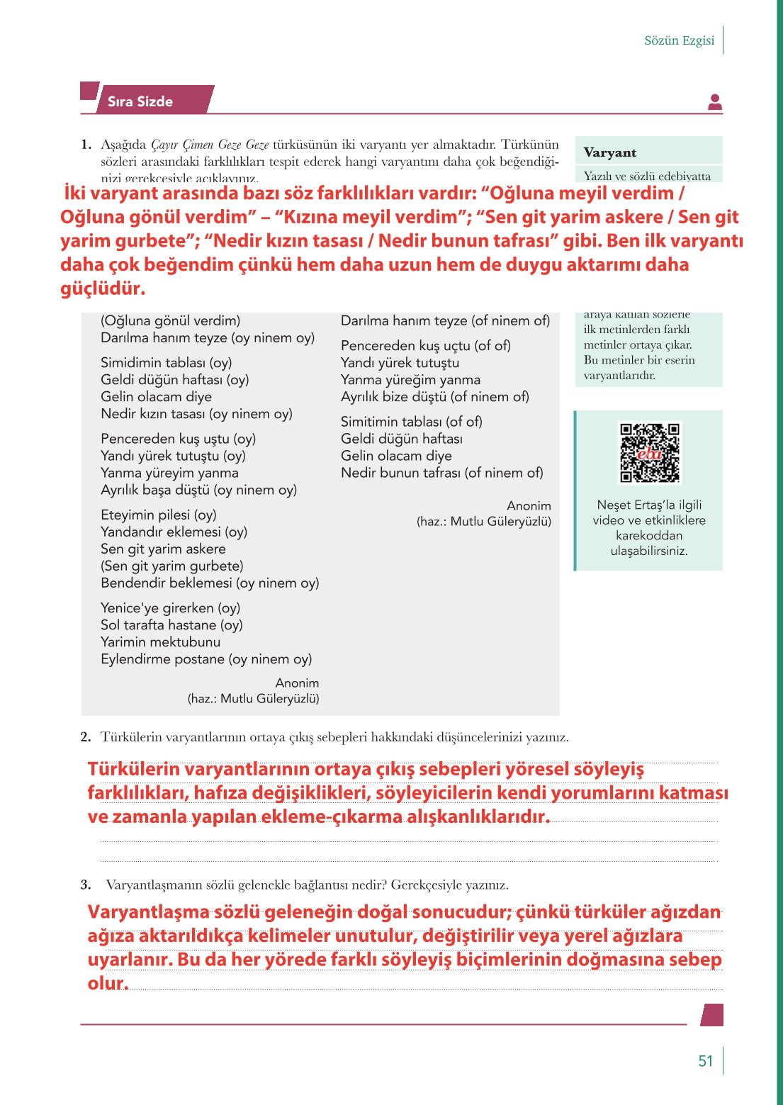10. Sınıf Meb Yayınları Türk Dili Ve Edebiyatı Ders Kitabı Sayfa 51 Cevapları