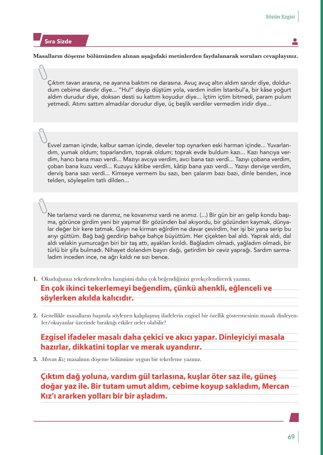 10. Sınıf Meb Yayınları Türk Dili Ve Edebiyatı Ders Kitabı Sayfa 69 Cevapları