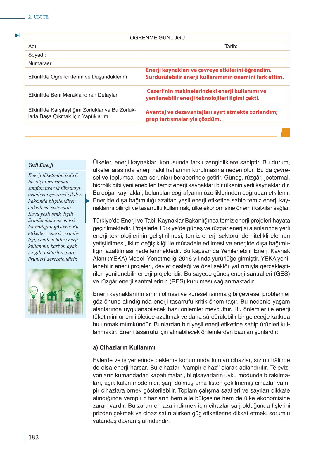 10. Sınıf Meb Yayınları Fizik Ders Kitabı Sayfa 182 Cevapları