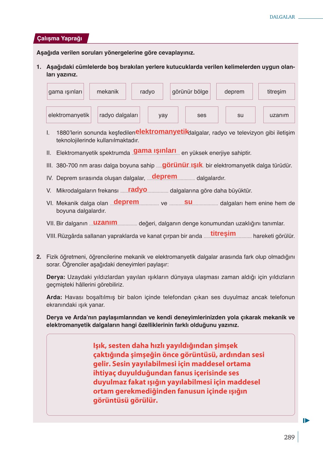 10. Sınıf Meb Yayınları Fizik Ders Kitabı Sayfa 289 Cevapları